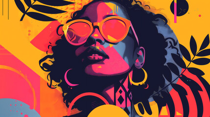 Bold and colorful geometric shapes with empowering representation for Women's Day poster. Abstract pop art illustration for commercial background. A black woman wearing glasses is looking up.