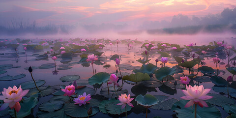 pink lotus flowers on the river at sunset, A lake filled with lots of water lilies under a pink sky with mountains in the background and a pink sky with clouds in the distance, Serene lotus pond 