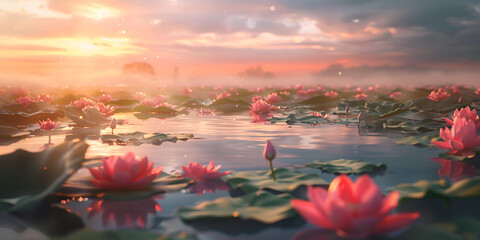 pink lotus flowers on the river at sunset, A lake filled with lots of water lilies under a pink sky with mountains in the background and a pink sky with clouds in the distance, Serene lotus pond at da