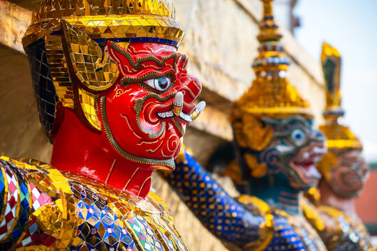 Close up view of demon guardian statues at Grand palace, In bangkok, Thailand.