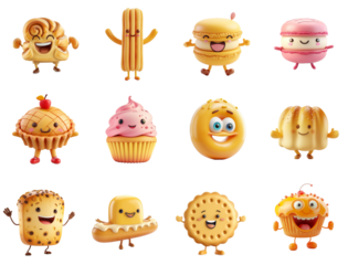 Set of various cheerful cartoon food characters isolated on a transparent background, including dessert and fast food, ideal for fun food-related designs or children's menus