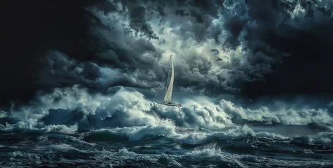 Fotobehang Dark clouds rage, churning waves clash with fury. Lone sailboat battles, rain falls heavy, coastline fades in mist. Nature's raw power unleashed realistic stock photography © Ajmal Ali 217