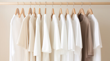 Minimalist Wardrobe with Neutral Colored Clothing on Wooden Hangers. Simple and Elegant Fashion Concept