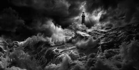 Dramatic Coastline Storm wreaks havoc, waves crash, wind howls. Lighthouse stands tall, beam pierces darkness, hope amidst the fury realistic stock photography - obrazy, fototapety, plakaty