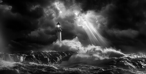 Dramatic Coastline Storm wreaks havoc, waves crash, wind howls. Lighthouse stands tall, beam...