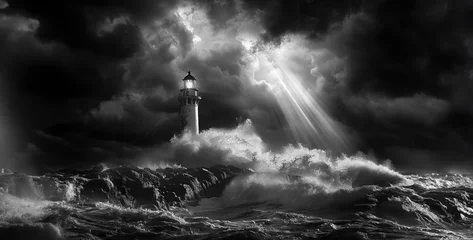 Foto op Plexiglas Dramatic Coastline Storm wreaks havoc, waves crash, wind howls. Lighthouse stands tall, beam pierces darkness, hope amidst the fury realistic stock photography © Ajmal Ali 217