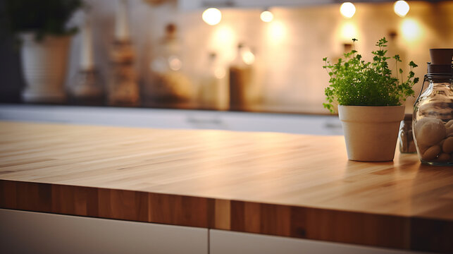 Empty Wooden Kitchen Counter with Blurred Modern Kitchen Background. Interior Design Concept