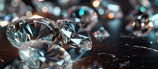 Various high-end diamonds are displayed on a black table surface, showcasing their brilliant colors and cuts.