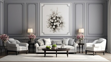 Classic gray interior with armchairs sofa coffee table lamps flowers and wall moldings