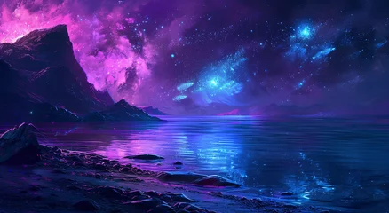 Papier Peint photo Violet Mystical Night Sky: A Vibrant Cosmic Display of Stars, Nebulae, and Galaxies Over a Tranquil Mountain Lake Landscape - A High-Quality Astronomy Artistry Perfect for Space Enthusiasts