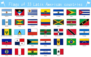 世界の国旗　中南米の33か国セット、手描き風