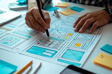 Website Designer Developing UI/UX Design with Sketched Notes, Wireframe Layouts for Mobile Application Project