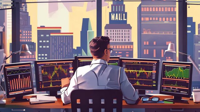Flat design professional man trading in stock market background.