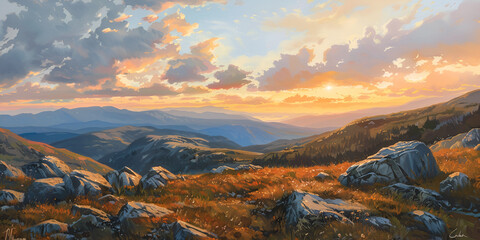 sunrise in the mountains ,Autumn Sunset Hype realistic Watercolor Painting Of Scottish Landscape, Stunning Panoramic View From A Mountaintop Lookout