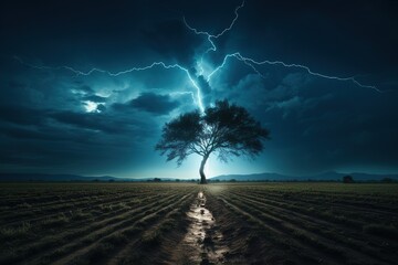 Thunderbolt Striking Over Solitary Tree in Field. 