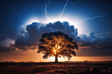 Lone Tree and Lightning Storm Over Dry Field. 