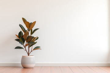 A potted plant adds a touch of nature to a home's interior Ficus in a pot on a white wall background. 3d render