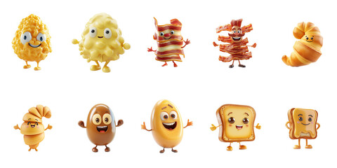 Collection of cartoon breakfast food characters with faces, including fried egg, croissant, and bacon, isolated on a transparent background, ideal for culinary or children's themes