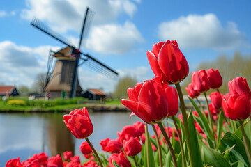 Obraz premium Dutch Windmill and Red Tulips Creating a Picturesque Scene