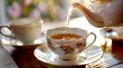 Fototapeta premium tea ceremony tea is poured from a teapot into a cup