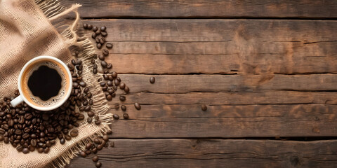 Cup of coffee with heart shape smoke and coffee beans on burlap sack on old wooden background - Powered by Adobe