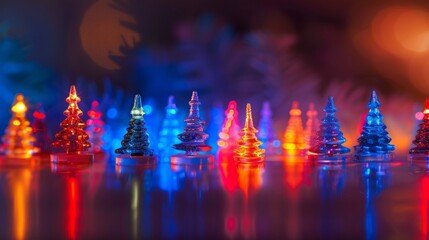 Vibrant miniature Christmas trees illuminated by festive lights in a magical holiday setting.