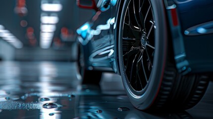 Obraz premium Close-up of a high-performance sports car wheel with sleek design, displayed in a modern showroom.