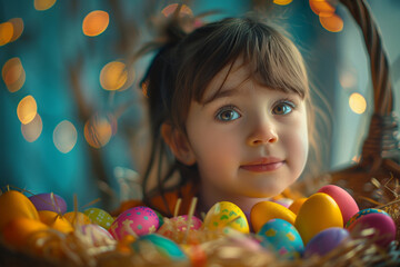 Fototapeta na wymiar Little Girl with Colorful Easter Eggs in Basket