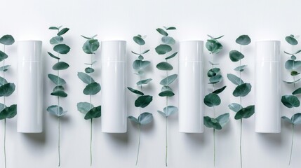White skincare bottles lined up with green eucalyptus leaves against a white background.