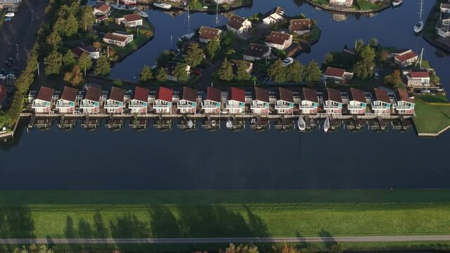 Aerial view of small harbour with houses during winter, Workum, Netherlands