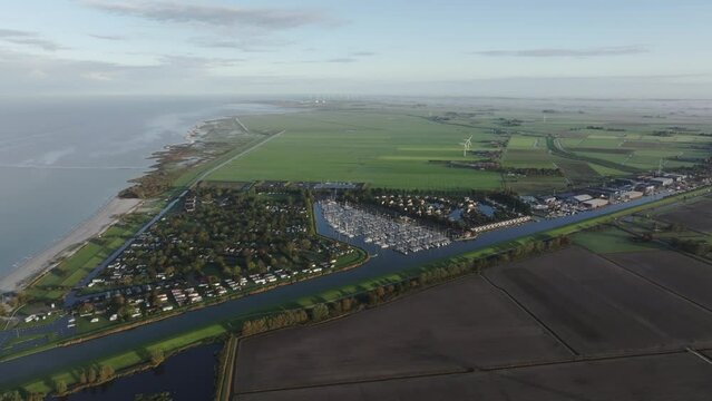 Aerial view of small harbour with sailboats during winter, Workum, Netherlands