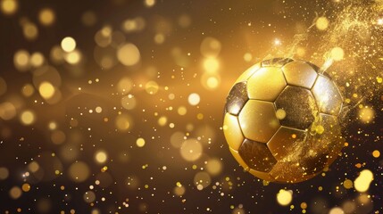 Fototapeta premium A single golden soccer ball flying with a sparkling dust trail on a bokeh light background.