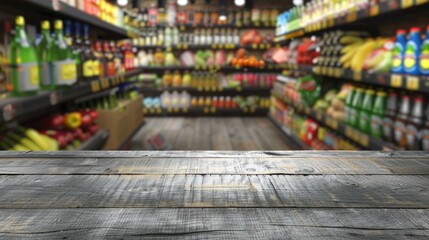 A wood textured surface with a defocused view of a vibrant supermarket aisle behind it.