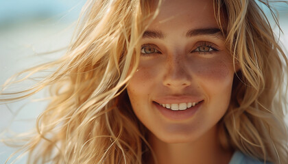 Portrait of a woman. Happy young woman with flowing blonde hair on a white background.