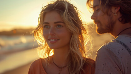 Portrait of a couple. Happy young woman with flowing blonde hair walking with her man on the beach on a very sunny day.