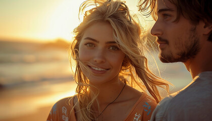 Couple at sunset. Happy young woman with flowing blonde hair walking with her man on the beach on a very sunny day.