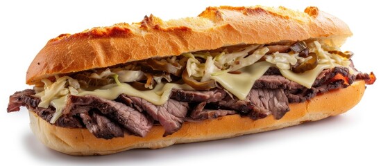 A mouthwatering sandwich featuring thinly sliced beef, melted cheese, tangy mustard sauce, fresh Rocca, crunchy coleslaw, pickles, and caramelized onions, served on a soft roll against a white