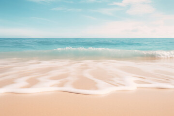 Fototapeta na wymiar Gentle Sea Waves Washing Over Soft Sandy Beach. Tranquility and Relaxation Seaside Concept