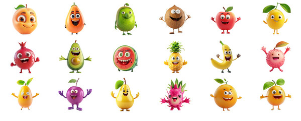 Collection of isolated cute cartoon fruits, including peach, papaya, kiwi, coconut, apple, lemon, avocado, watermelon, ideal for children's content or summer designs on a transparent background
