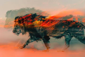 Foto op Canvas A regal lion blended with the fiery colors of a volcanic landscape in a double exposure © PinkiePie