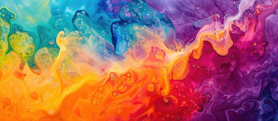 The photo showcases a striking multicolored liquid painting on a clean white background. The vibrant inks and translucent water mix together to create a mesmerizing array of colors, forming an