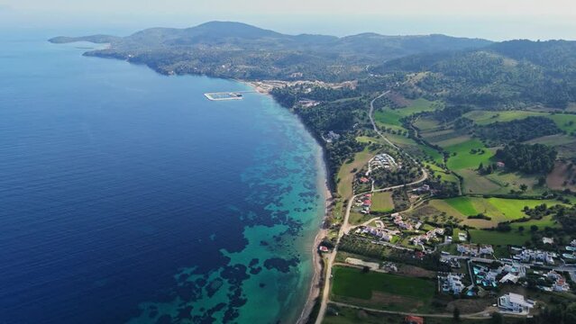 Aerial view of the amazing Paliouri Bay in Chalkidiki, Greece
