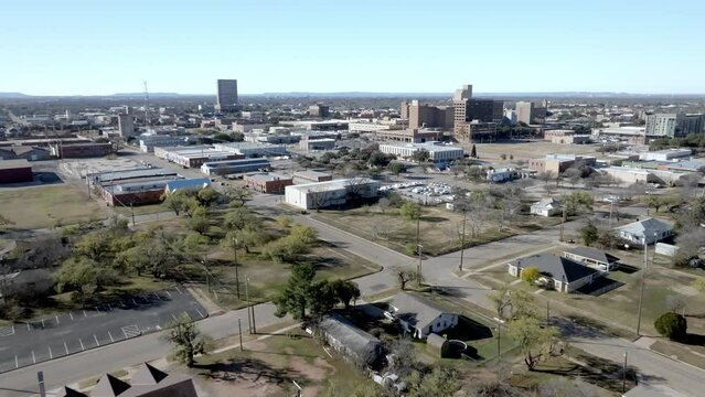 Downtown Abilene, Texas with drone video moving in wide shot.