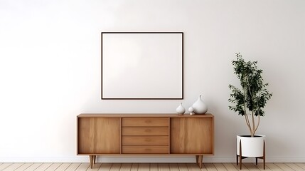 Wooden dresser and poster on white wall interior design of modern living room