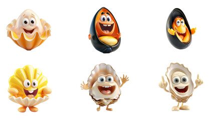 Set of six cartoon character seashells with various facial expressions, isolated on a transparent background, ideal for marine or beach-themed designs and children's educational material
