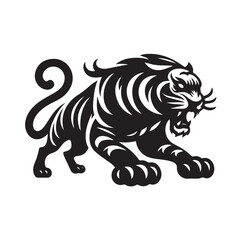 Silhouettes and icons of fierce tiger isolated on white background