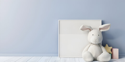 White blank frame with teddy bear and pastel toy rainbow on white desk. Baby room art frame mock up with baby kid toys ,Mock Up Posters in a Child  Room Interior