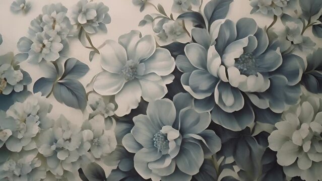 Blue and White Flowers Painting on Wall Generative AI