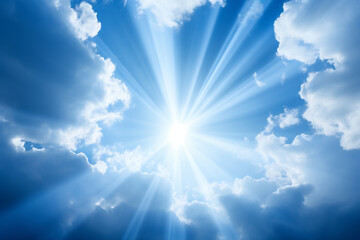 Naklejka na ściany i meble Brilliant Sunburst Shining Through Parting Clouds. Hope and Inspiration Sky Concept