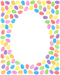 Colorful Easter egg background. Numerous easter eggs, brightly colored and some with decorative patterns, criss-cross and randomly arranged around an empty egg shape. Isolated illustration over white.